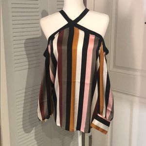Ann Taylor Loft multi-striped cold shoulder blouse